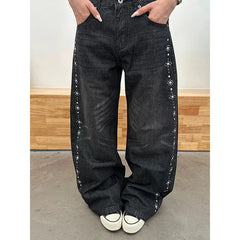 LIZAKOSHT - Autumn Winter Dark Jeans Women's Spliced Retro High Street Pocket Straight Baggy Wide Leg Denim Pants Women's