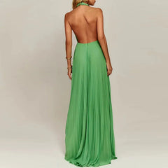 LIZAKOSHT - Chiffon Big Hem Party Dress Women Elegant Hollow Backless Full Length Maxi Dress Chic Draped Solid New Evening Dress Luxury