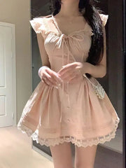 LIZAKOSHT - Women's Design-sensual Straps Lace Spliced little Flying Sleeves Princess Pure and Sweet Waist-hugging Slim Dress