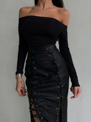 LIZAKOSHT - PU Leather Patchwork Fashion Maxi Skirts, Women Autumn Loungewear All Match Pencil Skirts, Solid Slim Lace-Up Ladies Skirts