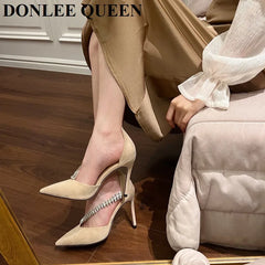 LIZAKOSHT - New Fashion Brand Crystal Embellished High Heels Shoes Women Pointed Toe Dress Rhinestone Wedding Party Pumps Black Suede Sandal