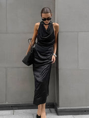 LIZAKOSHT - Black Satin Slit Neck Sleeveless Dress Matte Soft Bodycon Long Dress, Off Shoulder Zipper Tie Belt Elegant Party Gown