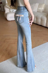 LIZAKOSHT  -  Bow Flare Jeans Women Blue Slim Fit Streetwear Vintage 90s Y2k Streetwear High Waist Straight Denim Trouser Korean Tight Pants