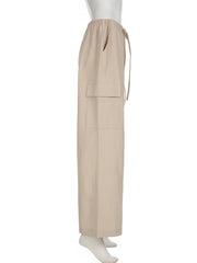 LIZAKOSHT - Casual Basic Solid Big Pockets Wide Leg Pants Loose Bandage Low-Waisted Straight Pants Women Autumn Spring Fashion