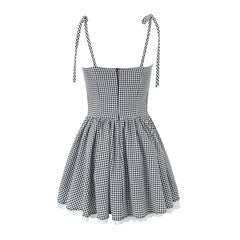 LIZAKOSHT - Sexy Elegant Women Lace Patchwork Front Bandage Sling Plaid Dress Low Waist Female Summer Mini Dress Party Robe