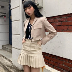 LIZAKOSHT - Harajuku Women High Waist Solid Color Tennis Skirt Summer Sweet Cute Kawaii Khaki Skirts Casual Pleated Mini Female Skirt