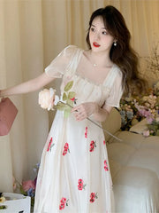 LIZAKOSHT - Vintage Square Collar Embroidered Fairy Dress Chiffon Dress formal dress women elegant robe longue mousseline de soie floral