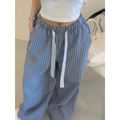 LIZAKOSHT - Casual Drawstring High Waist Color-blocking Striped Pants for Women Summer New Retro Loose Straight Long Wide Leg Pants