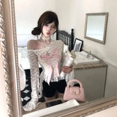 LIZAKOSHT - One Shoulder Bell Sleeve Short Asymmetric Top White Y2k Bow Lace Shirt Autumn Fashion Women