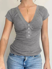 LIZAKOSHT - Casual Grey V-neck Crop Top Women Basic Skinny Short Sleeve Knitted T-shirts for Summer y2k Vintage Harajuku Tees Retro