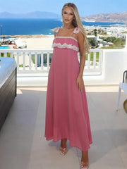 LIZAKOSHT - Backless Lace Patchwork Dress Women Sexy Sweet Square Collar Sleeveless Summer New Trend Vacation Party Streetwear