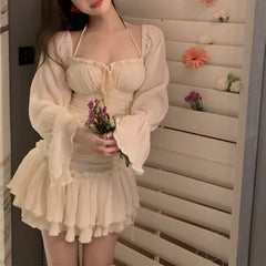 LIZAKOSHT - Korean Lace-up Pleated Solid Color Casual Long-sleeved Dress Women 2024 Spring New Off-the-shoulder Sexy Slim Elegant Mini Dress