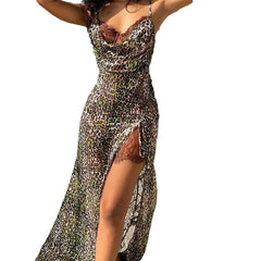 LIZAKOSHT - Fashion Strap Dress Swinging Collar Printed Sleeveless Backless Skirt Split Pullover Irregular Skirt