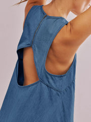 LIZAKOSHT - Spring Summer 2025 New Denim Dress Women Sundress Loose A-line Peplum Pockets Backless Casual Sleeveless Mini Dress Female 53932