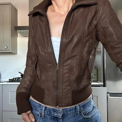 LIZAKOSHT - Streetwear Zip Up PU Leather Jacket For Women Motorcycle Style Pockets Brown Autumn Winter Coats Outwear Vintage New