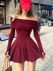 LIZAKOSHT - Sexy Slash Neck Short Dresses for Women Long Sleeves Slim Ruffles A-line Evening Party Dress Korean Chic Mini Vestidos Mujer New