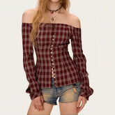 LIZAKOSHT - 2026 Spring New Arrival Plaid One-Shoulder Long Sleeve Shirt with Design Appeal, Niche Style, Exposed Shoulder Top for Women