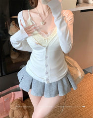 LIZAKOSHT - Summer New Lace Neck Hanging V-neck Base Shirt Sexy Long Sleeved T-shirt for Spicy Women Neck Hanging Slim Fit Top