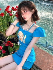 LIZAKOSHT - Japanese Kawaii 2 Piece Skirts Sets Women Short Sleeve Y2k Crop Tops Blouse + Blue Mini Skirt Even Party Vintage Clothing Summer
