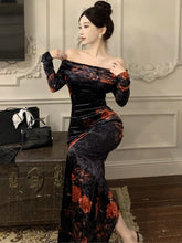 LIZAKOSHT  -  Vintage Floral Printed Slash Neck Bodycon Dress Women Sexy Elegant Long Sleeve Velvet Robe Autumn Winter Ladies Party Vestidos