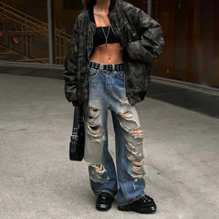LIZAKOSHT - High Street Hip-hop Ripped Jeans Spicy Girl Y2K Loose Casual Pants Spring/summer Women's Fashionable Wide Leg Pants