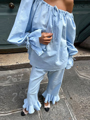 LIZAKOSHT  -  Autumn Casual Off Shoulder Top Pants Sets Women Pleated Lace Up Flare Sleeve Shirt Wide Leg Pant Lady Loose 2 Piece Suit