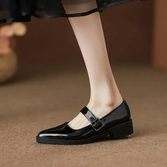 LIZAKOSHT - Patent Leather Buckle Strap Oxfords Woman Pointed Toe Shoes Low Heel Flats Ladies Mary Janes Lolita Derby Loafers Femme Sneakers
