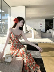 LIZAKOSHT - Summer New Arrival Slip Skirt French Style Women's Lace-up Waist Backless Rose Floral Printed Long Dress