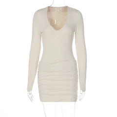 LIZAKOSHT - Women Solid Basic Ruched Bodycon Mini Dress Sexy V Neck Long Sleeve Peach Hips Slim Party Clubwear Autumn Casual Streetwear