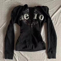 LIZAKOSHT  -  Grunge American Retro Jacket Vintage Design Black Hooded Sweatshirt Spring Autumn Y2k Clothing Slim Tops Letter Sweatshirts New