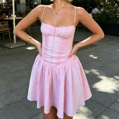 LIZAKOSHT - Summer Women Pink Bow Ruched Chest Corset Style Sling Dress Front Buttons Pleated Low Waist Ball Gown Swing Short Dresses Robe