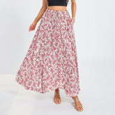 LIZAKOSHT - Women Summer Floral Print Swing Long Skirts Casual Elastic Waist Drawstring Flared A-Line Skirt
