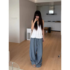 LIZAKOSHT - Women Blue Baggy Wide Leg Sweatpants Oversize Plaid Pants Harajuku 2000s American Style Vintage Y2k Trouser Summer