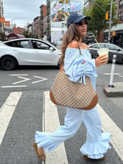 LIZAKOSHT  -  Autumn Casual Off Shoulder Top Pants Sets Women Pleated Lace Up Flare Sleeve Shirt Wide Leg Pant Lady Loose 2 Piece Suit