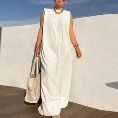 LIZAKOSHT - Fashion Sleeveless O Neck Wide Leg Playsuit Elegant Loose Rompers Para Mujer 2025 New Spring Summer Casual Solid Color Jumpsuits