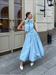 LIZAKOSHT - Blue Chic Women's Pleated Halter Lace Up Midi Dress Elegant Backless Sleeveless High Waist A-line Robe Lady 2024 Street Vestido