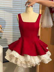 LIZAKOSHT - French Coquette Princess Lace Bow Mini Dress Women Slim Fit Ruched Wide Shoulder Strap Square Neck Party Clubwear Elegant Outfit