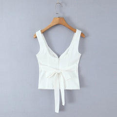 LIZAKOSHT - Sexy White V neck Low Ruched Bra Chest Tank Tops Women Tie Bow Sashes Zipper Back Crop Tank Girl Tee
