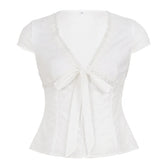LIZAKOSHT - High Street Euramerican Summer Deep V Neck Short Sleeve Straps Shirts Y2k Aesthetic Crochet Hollow Out Clothes Sweet Casual Top