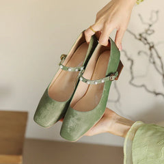 LIZAKOSHT - 2024 new spring autumn women pumps plus size 22-26.5cm Microfiber ankle buckle square toe Mary Jane shoes Pearl women shoes