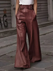LIZAKOSHT - New Autumn Winter Faux PU Pants Women Fashion Casual Solid Color Pleated Pockets High Waisted Wide Leg Trousers