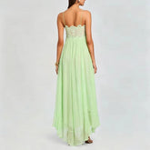 LIZAKOSHT - Sexy Off Shoulder Silk Suspender Dress Elegant Lace Embroidery Splice Party Dress Lady Fashion Sleeveless Pleat Solid Long Dress