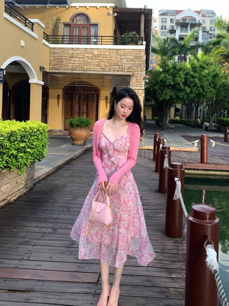LIZAKOSHT  -  Pink Print Elegant Fairy Dress Women Chiffon Sweet Vintage Beach Midi Dress Female Ruffle Casual Korean Style Strap Dress