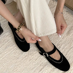 LIZAKOSHT - Round Toe Ladies Ballet Flats Back Strap Women Lolita Casual Outside Autumn Fashion Brand Rivet Shoes Suede Mary Jane Mujer