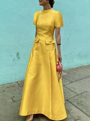 LIZAKOSHT - Female Stylish Selection Elegant Yellow Evening Dresses Women New Summer Short Sleeves Pockets Party A-Line Dress