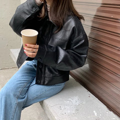 LIZAKOSHT - Y2K Cropped Pu Leather Jacket Women Streetwear Black Motorcycle Coat Bf Harajuku Vintage Pocket Casual Outwear Tops New