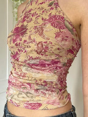 LIZAKOSHT - Mesh Floral Print Ruched Backless Halter Crop Top Boho Casual Sleeveless Camis Holiday Vacation Women Summer Y2K Tanks