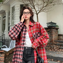 LIZAKOSHT - Vintage Plaid Patchwork Shirt Spring Autumn Women's New High Street Versatile Cardigan Fashion Loose Y2K Top