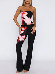 LIZAKOSHT - Fashion Patchwork 2 Piece Set Women Off Shoulder Backless Strapless Tops+Straight Pants Versatile Style Streetwear