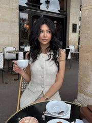 LIZAKOSHT - Elegant Tweed Vest Mini Skirt Woman's Set Vintage White O-neck Single Breasted Vests A-lined Skirts Sets Lady Chic Street Outfit